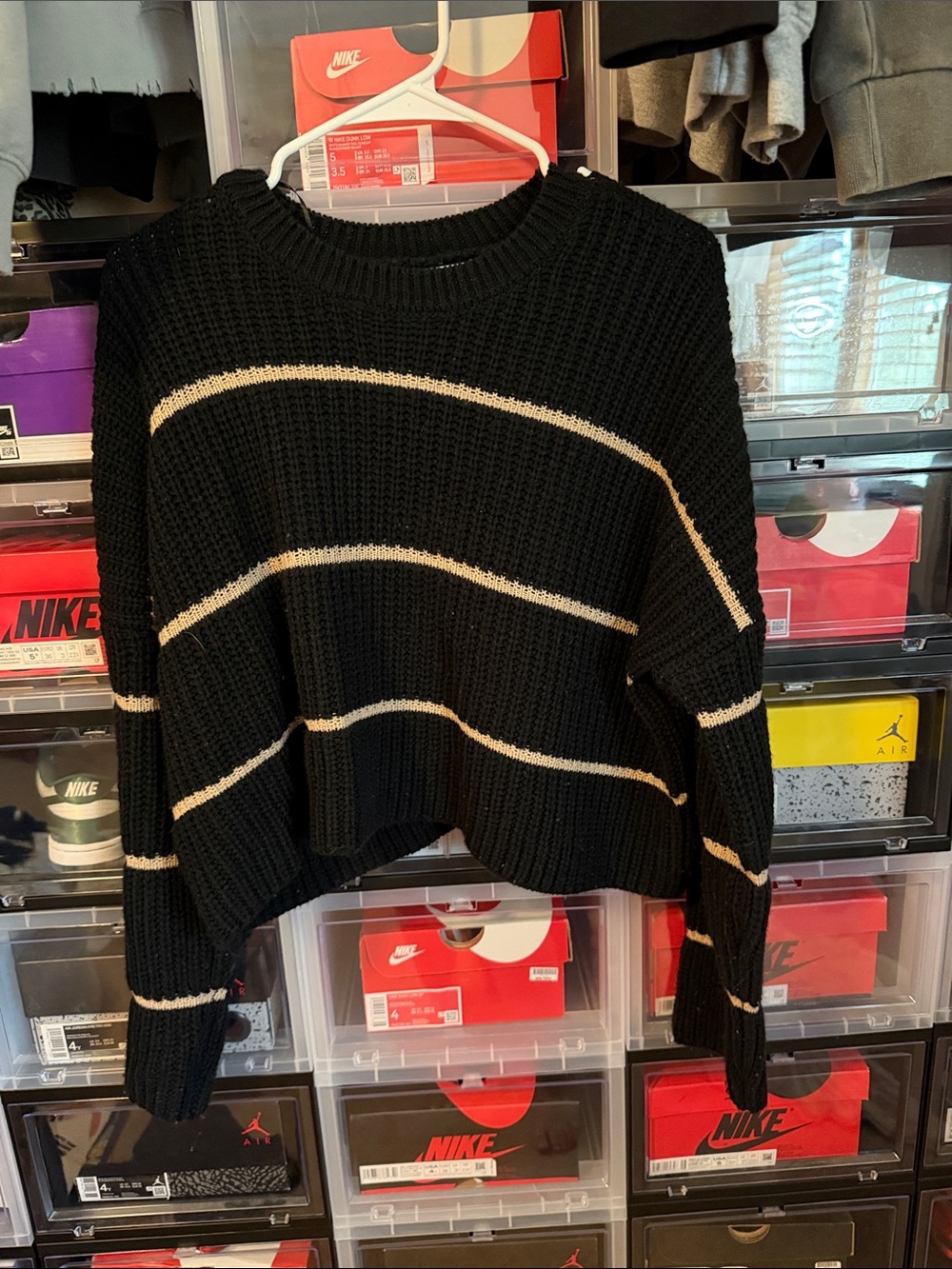 moon & madison Black Crewneck Sweater with Cream Stripes